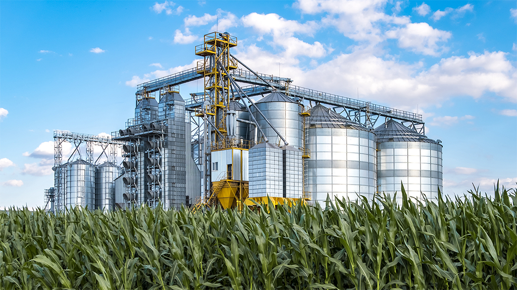 Large farm and factory buildings in a field