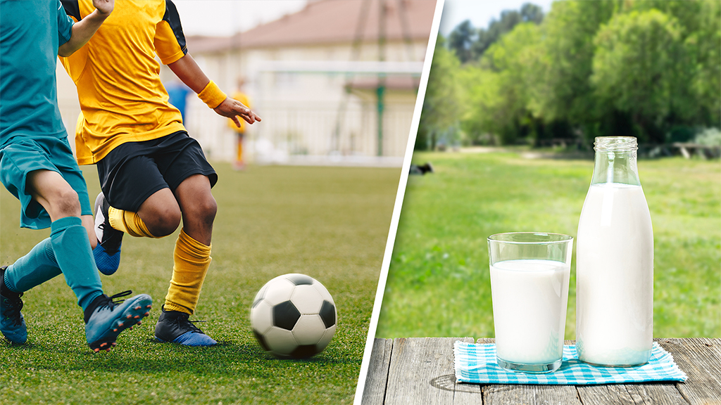 Split image of soccer players and glasses of milk