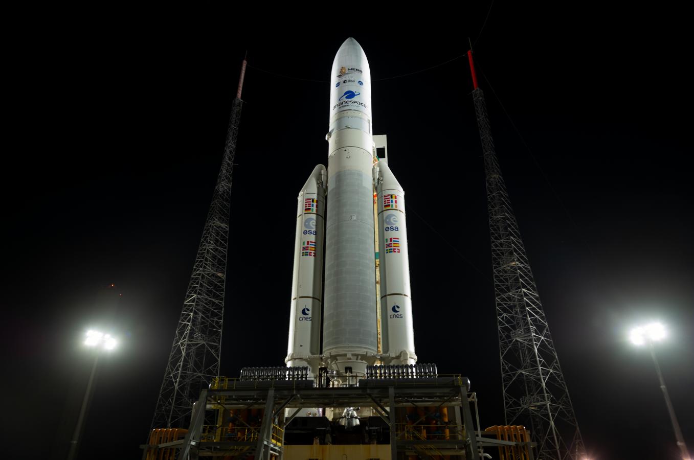 How did the solid and liquid propellants generate the right amount of thrust for each phase of the Ariane 5 + JWST system’s flight path?