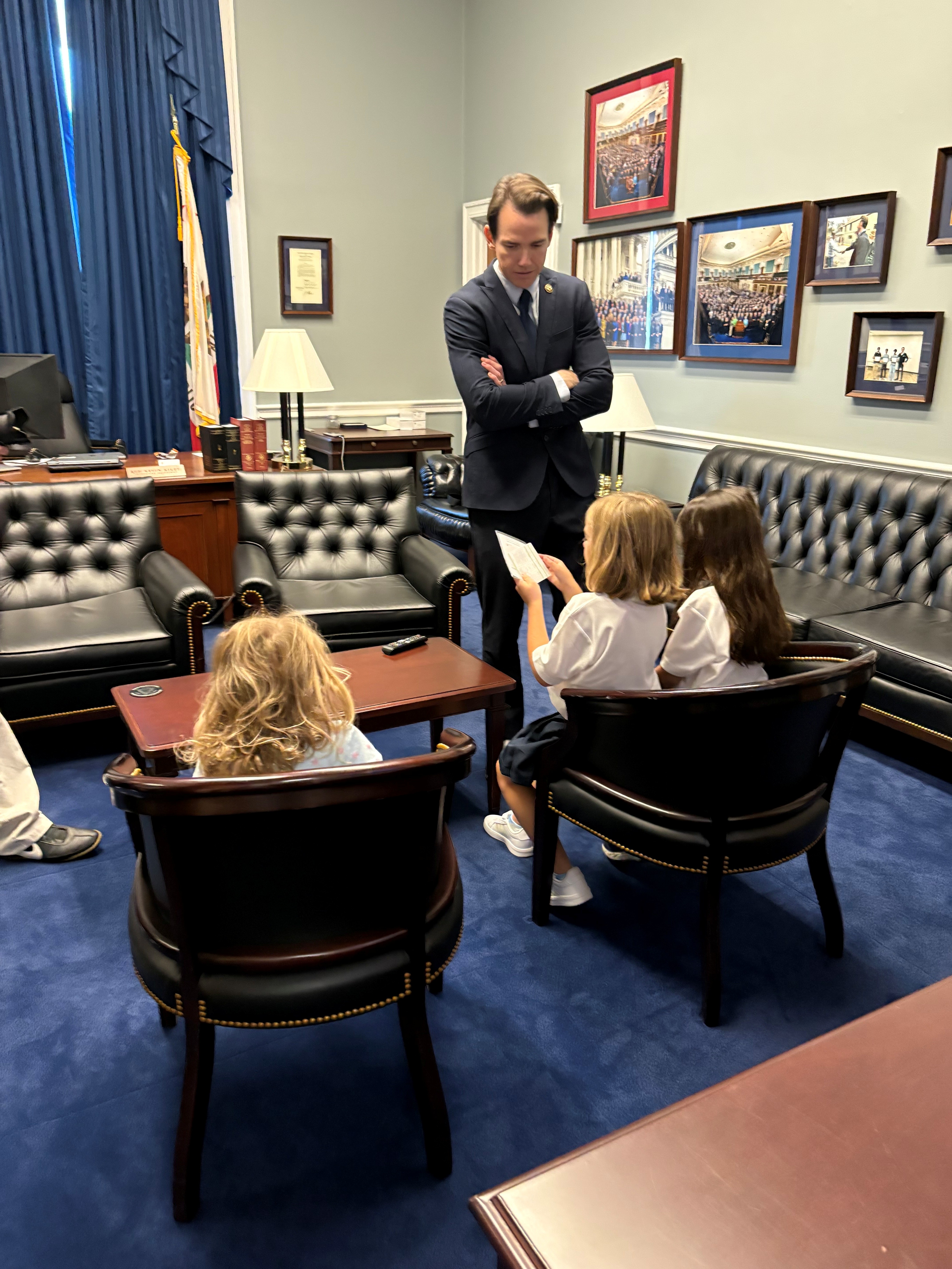 U.S. Representative Kevin Kiley speaking with winners from the 2026 Toshiba/NSTA ExploraVision competition.