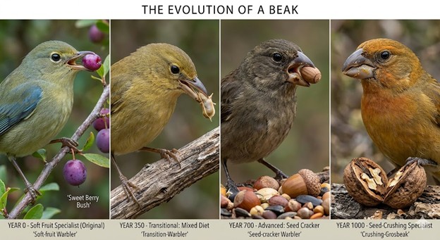 four pictures of birds eating fruits or nuts
