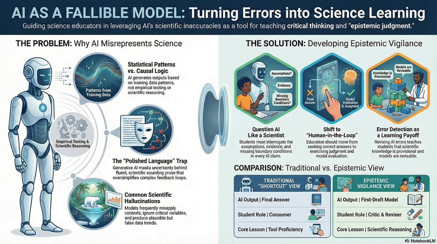 a infographic that illustrates how educators can leverage AI's scientific inaccuracies as a tool for teaching critical thinking and epistemic judgement.