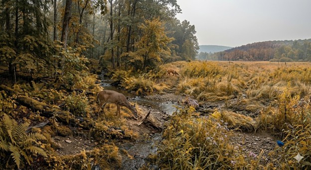 AI-generated image of a very brown woodland or meadow ecosystem in Pennsylvania