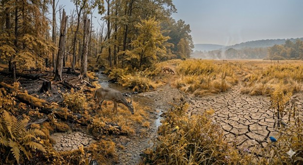 AI-generated picture of a very brown, dried up looking oodland or meadow ecosystem in Pennsylvania
