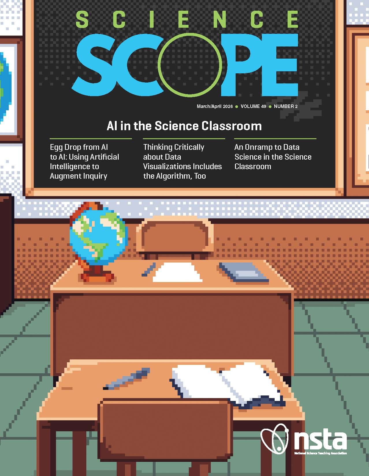 March-April 2026 cover showing a primitive computer animation of classroom and blackboard