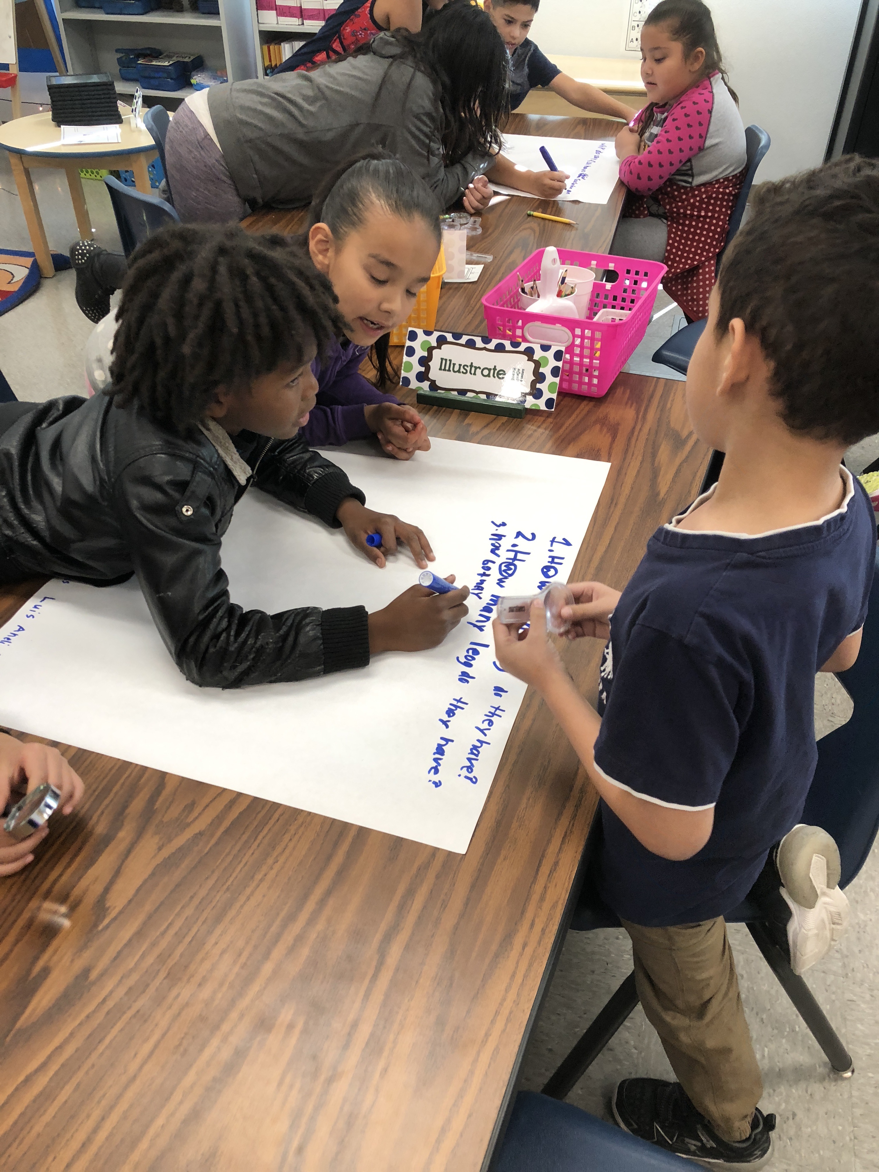 Students collaborate on questions about crayfish.