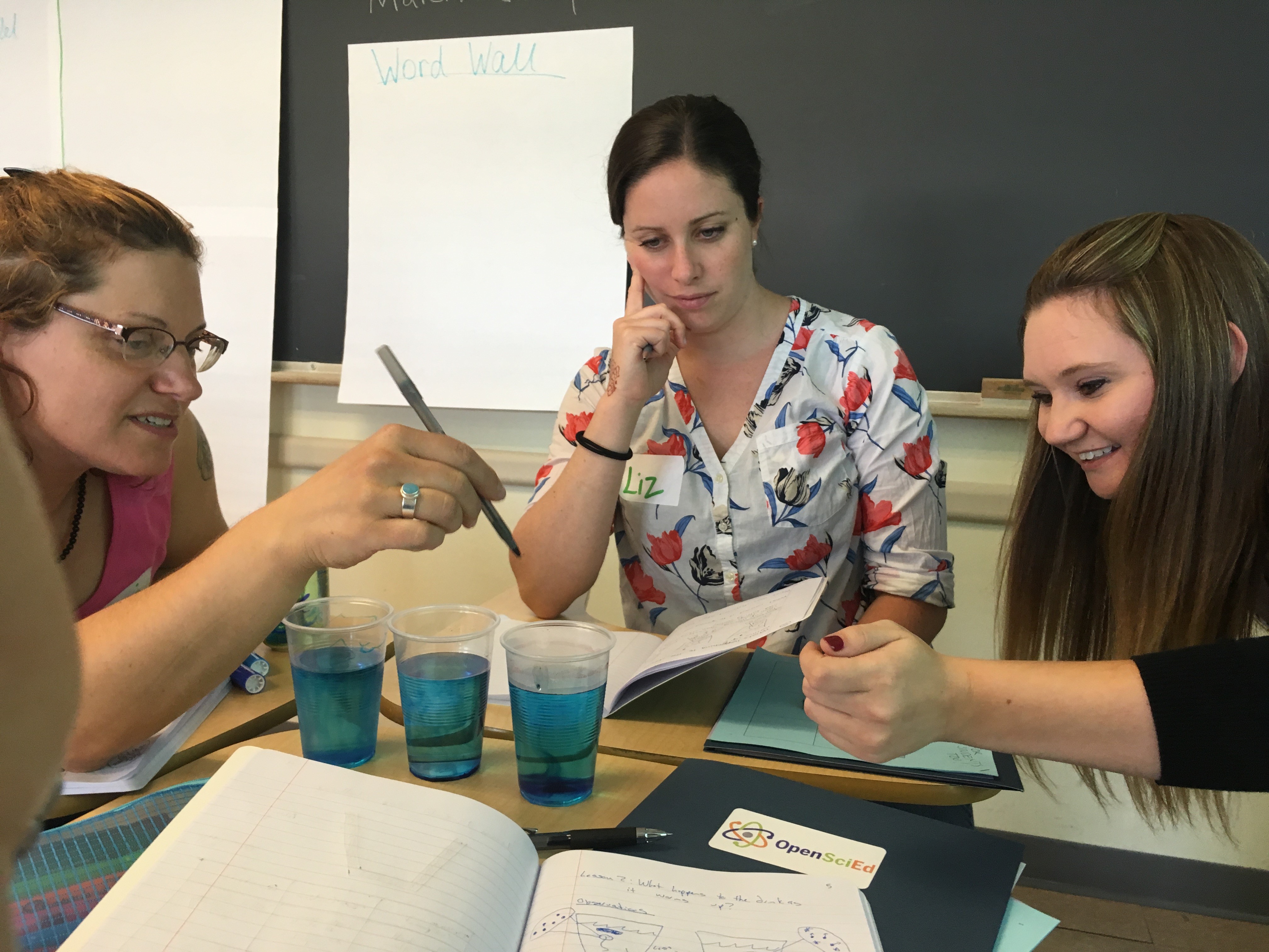 Teachers collaboratively figure out science ideas during a PD workshop. Photo courtesy of the author.
