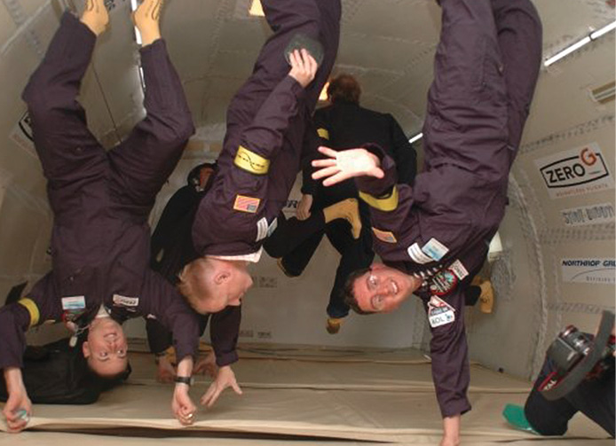 Which way is up? Roger on board the Northrop Grumman Weightless Flights of Discovery zero-G airplane.