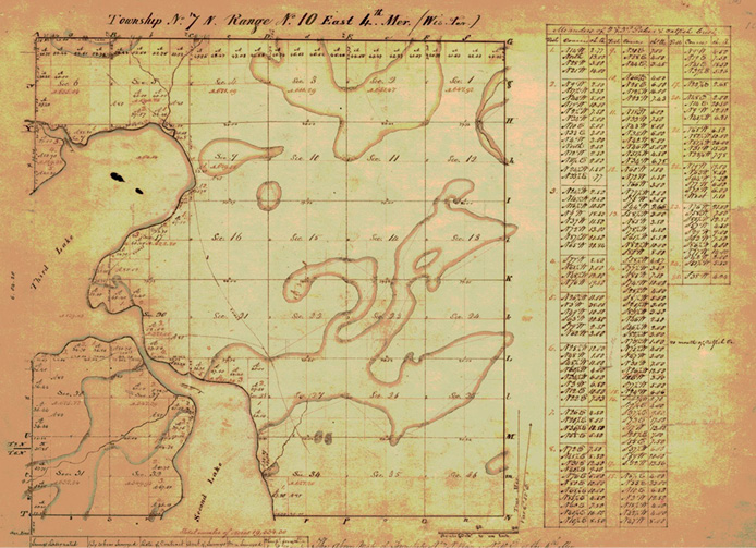   This 19th-century Wisconsin Public Land Survey System map is an example of a Western recording system, limited to what was known by white surveyors at the time. These maps also serve as records of land loss and Relocation for First Nations.