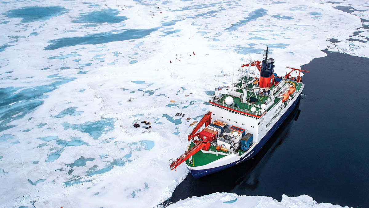 The research vessel Polarstern attached to an ice floe. Photo credit: Lianna Nixon