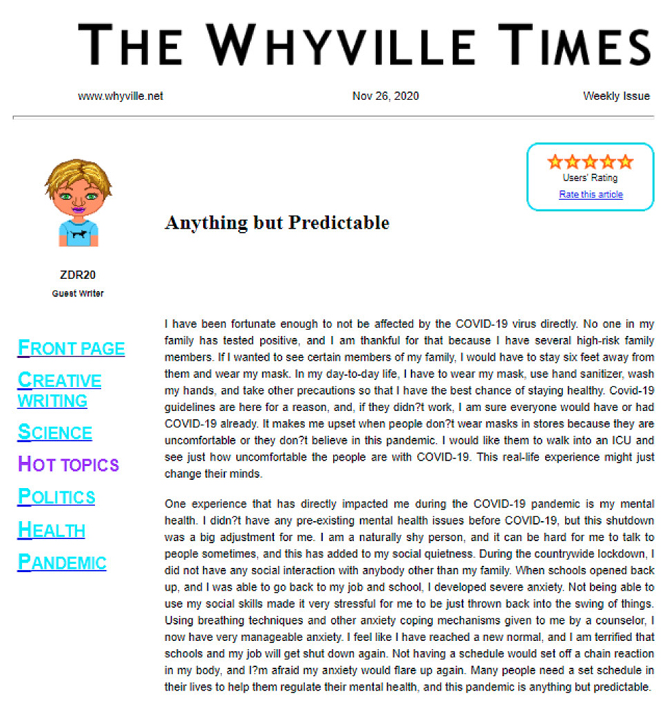 Figure 10 Student article in the Whyville Times.