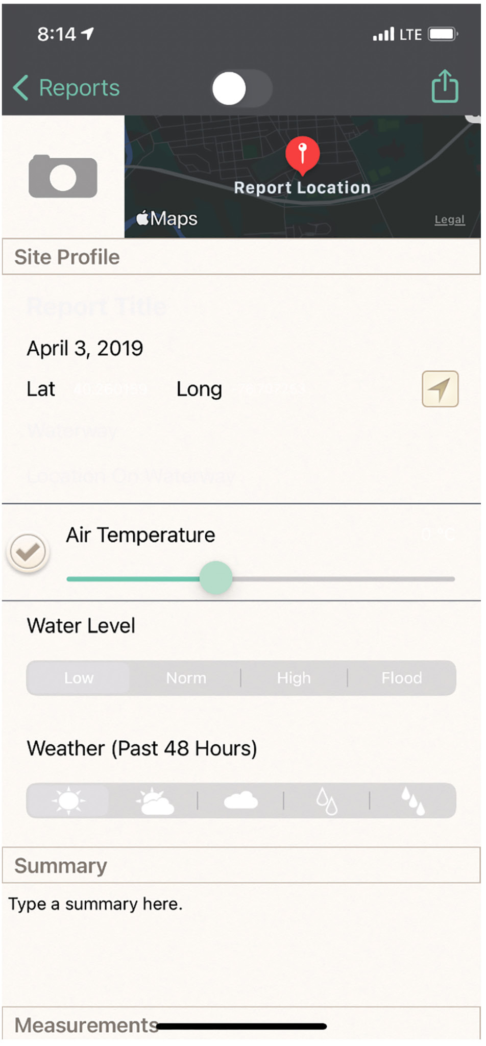 Figure 1 Snapshot of blank report for water quality app.  Data collected about the stream, including specific location and physical, chemical and biological test results can be inputted into a report on the app.  