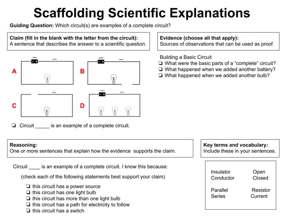Figure 1 Scaffolding scientific explanations (SSE) handout.