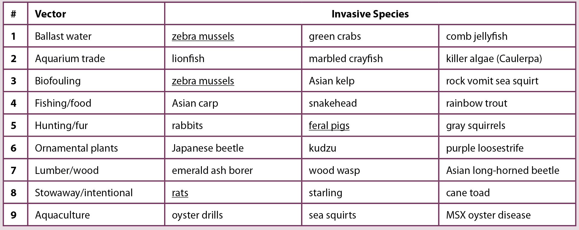 Table 1 Vectors and invasive species that can arrive through that vector. 