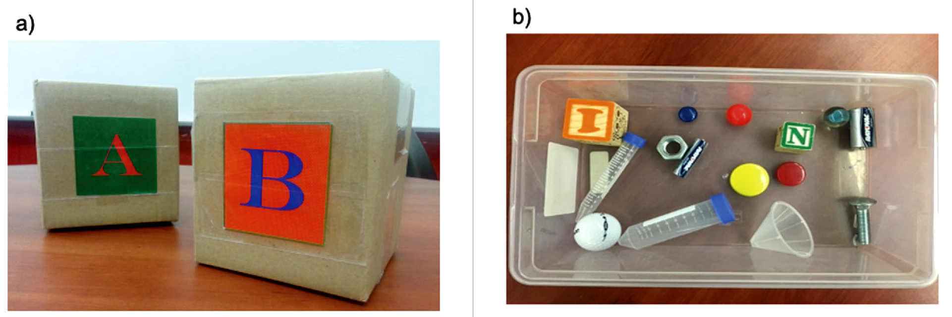 Figure 1 Sealed boxes and potential candidate items that were placed in the boxes. Note. (a) Cardboard boxes (22.86cm x 22.86cm x 22.86cm/9” x 9” x 9”) obtained from an office supply store. These boxes were sealed before the start of the activity and kept sealed during the activity. (b) Examples of candidate objects, some of which were placed in the sealed boxes.
