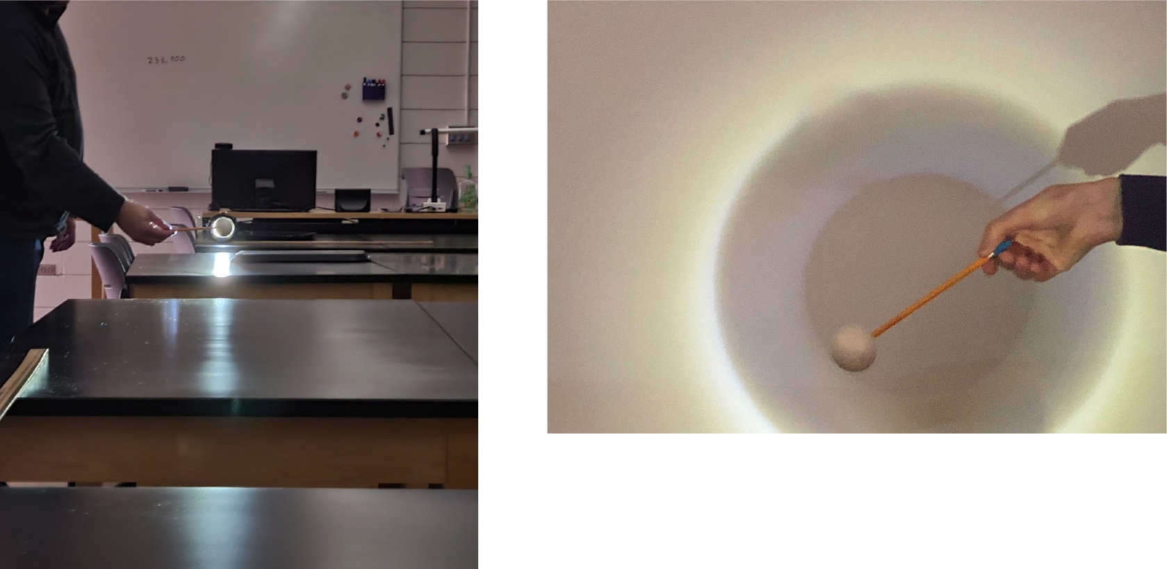 Figure 1  Student models solar eclipse from Earth’s perspective (left) and lunar eclipse from Earth’s perspective (right).  