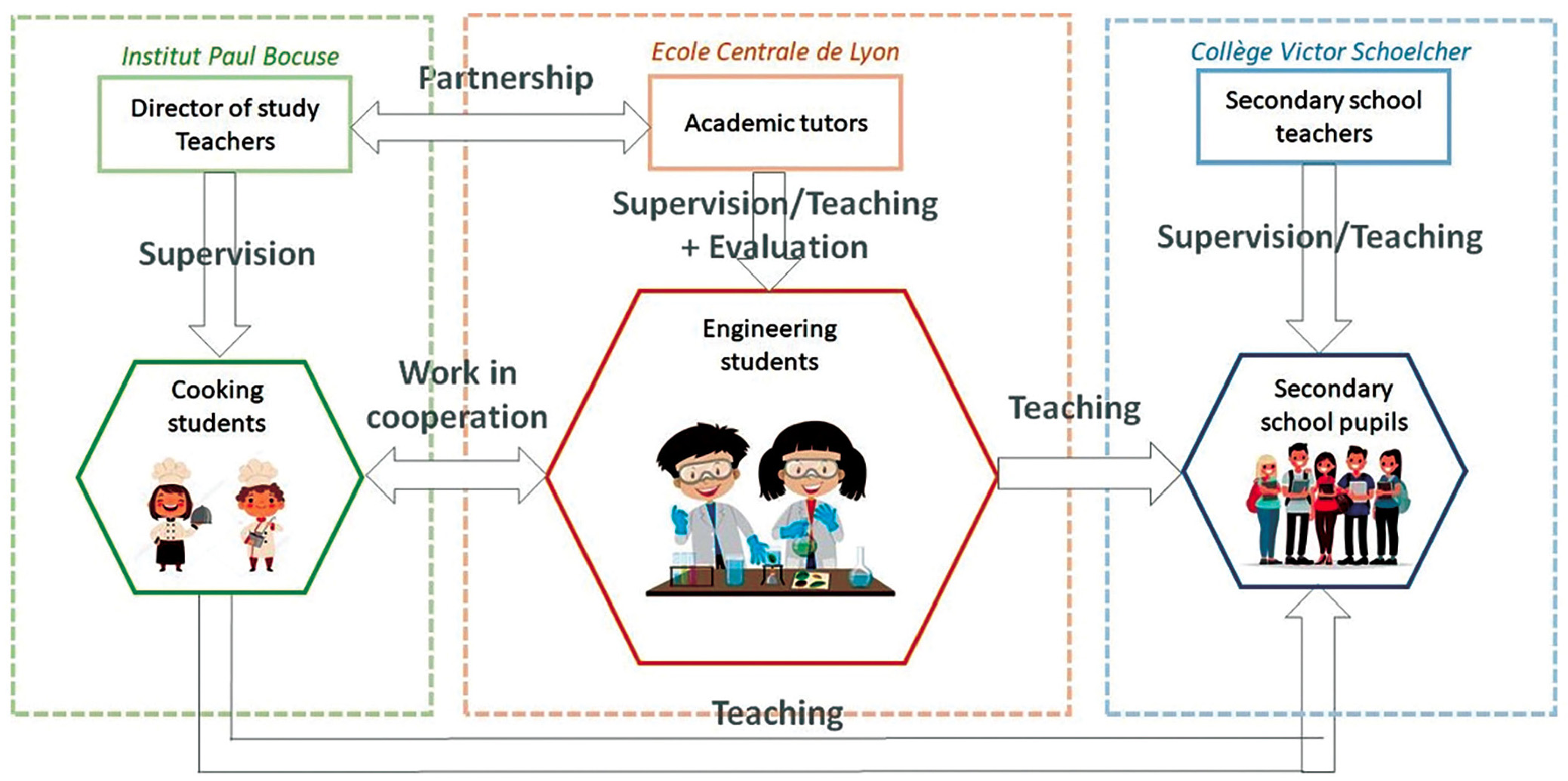 Relationships between the different actors involved in the project. As shown in this scheme, the analysis is focused on engineering students who are at the core of the project.