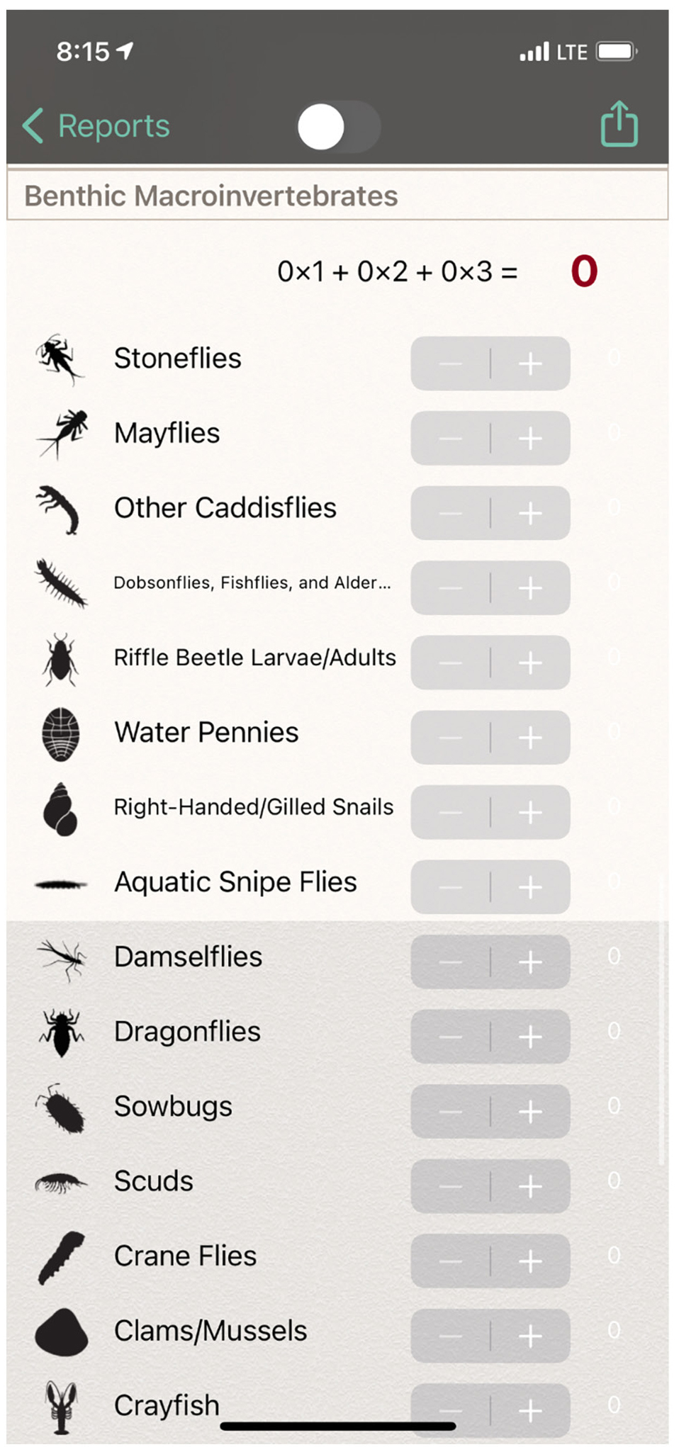 Figure 2 Snapshot of macroinvertebrate table on water quality app.  The Water Quality app tabulates the “health score” of the stream based on the number of macroinvertebrates collected and their sensitivity to pollution. 