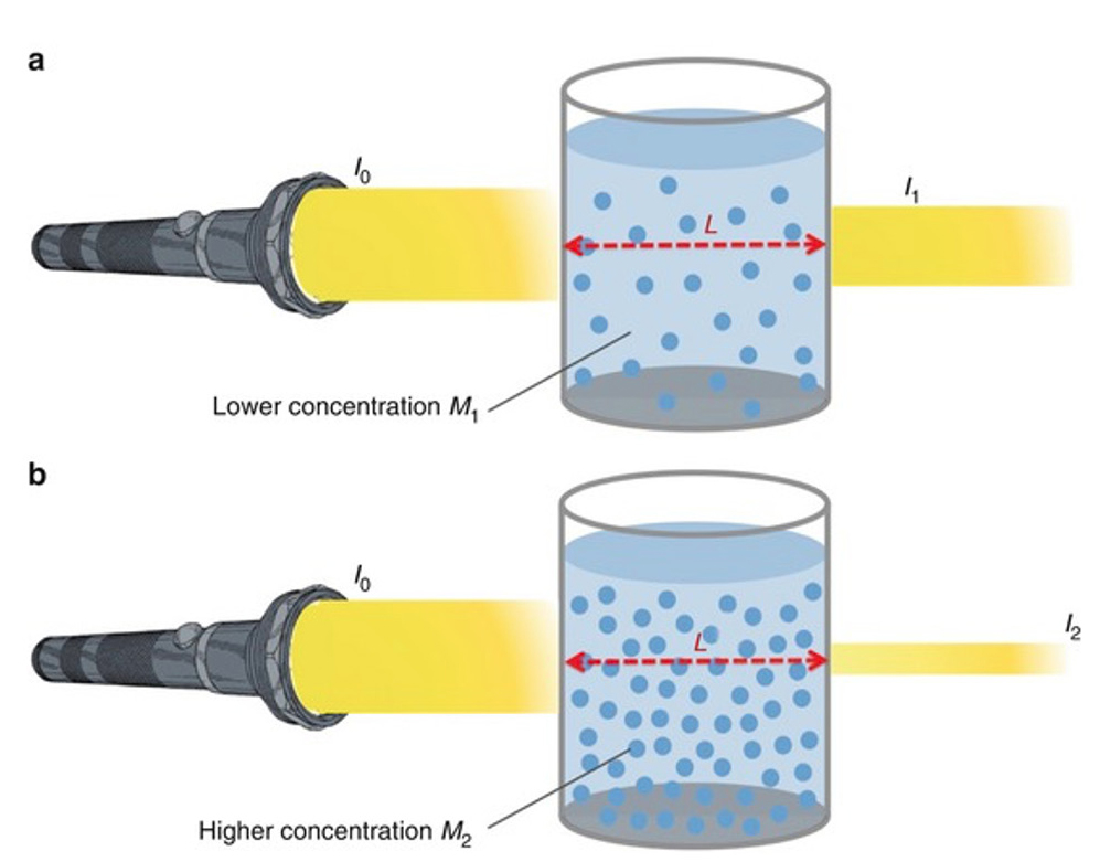 Figure 2 Light transmitted through a solution.  (Retrieved from https://media.springernature.com/original/springer-static/image/chp%3A10.1007%2F978-3-319-57330-4_13/MediaObjects/432946_1_En_13_Fig4_HTML.jpg).