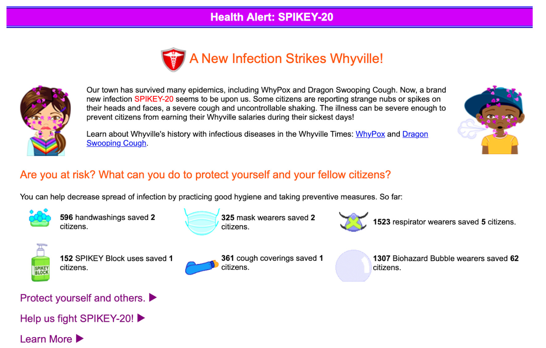 Figure 2 Whyville virus alert and list of precautions to take.