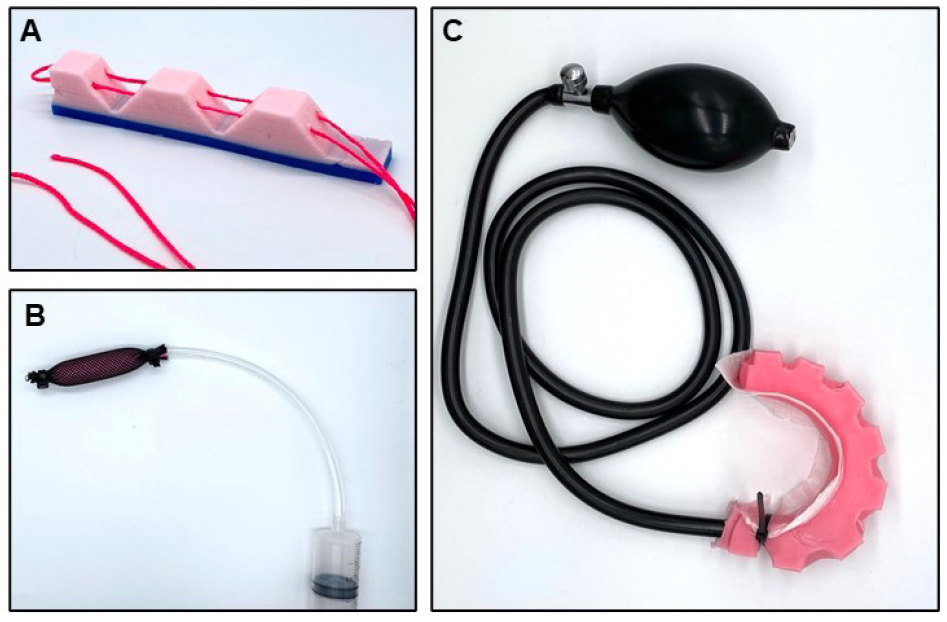 Figure 1 Final build for all three soft robotic actuators: (A) SDM actuator, (B) SIA pneumatic actuator, (C) McKibbens muscle actuator.  