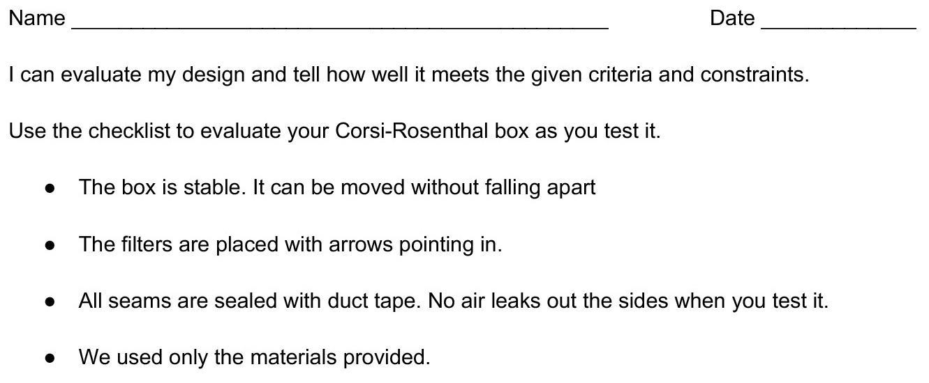 Figure 3 Assessment checklist for filter box designs.