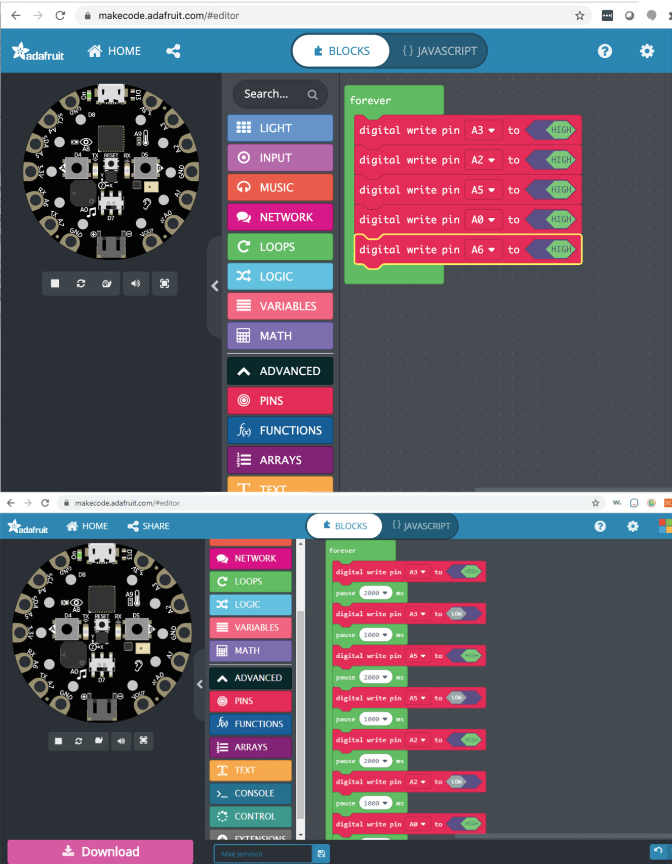 Figure 3 Sample code for (top) testing to make sure all the LEDs work and (bottom) programming the LEDs to blink. Because different projects will connect to different ports, the ports (e.g., A3, A5) will need to be adjusted accordingly.