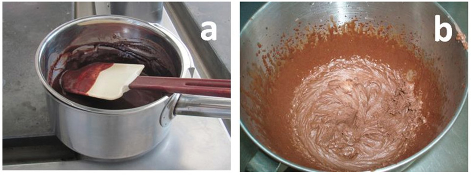 Photograph of the emulsion made with chocolate and water (a), Chocolate Chantilly obtained after whipping in an ice bath (b).