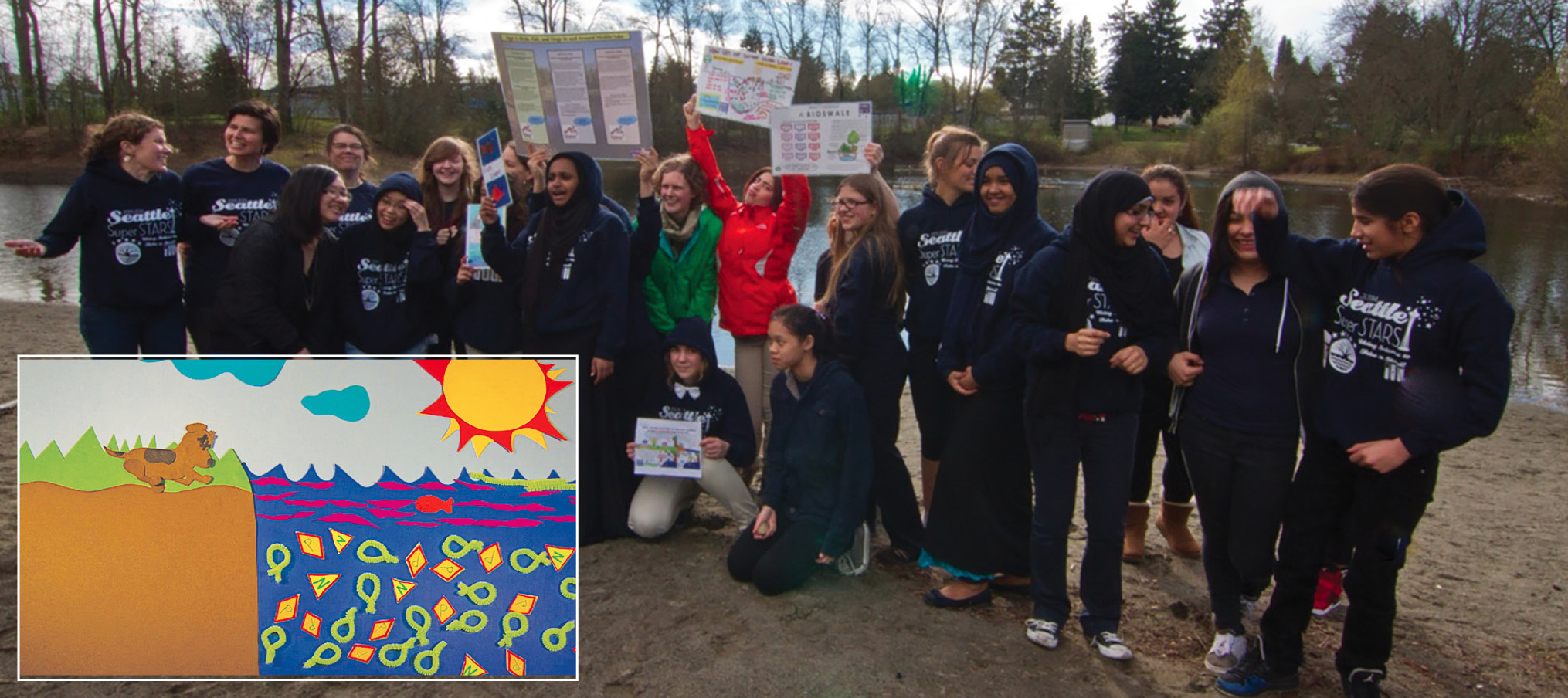 Figure 3 Images from STARS (Students Tackling Authentic and Relevant Science) stop-animation film and prototypes of signs the young women developed to inform the public.