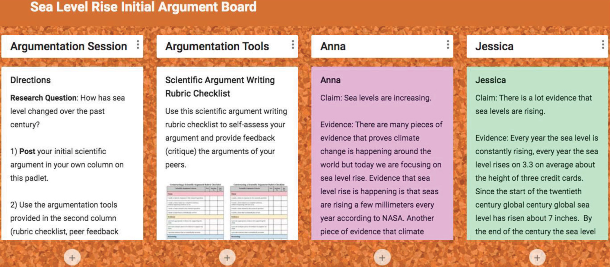 Figure 4 Example of a padlet argument board showing what a portion of a sea level rise argument board looked like for one of the classes. Students posted their initial arguments, critiqued the arguments of their peers, and responded to their peers who provided them with a critique.