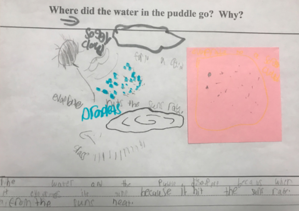 Figure 4 A first grader’s revised modeling example. “The water in the puddle disappeared because it evaporated and it’s gone because it hits the Sun’s ray.”