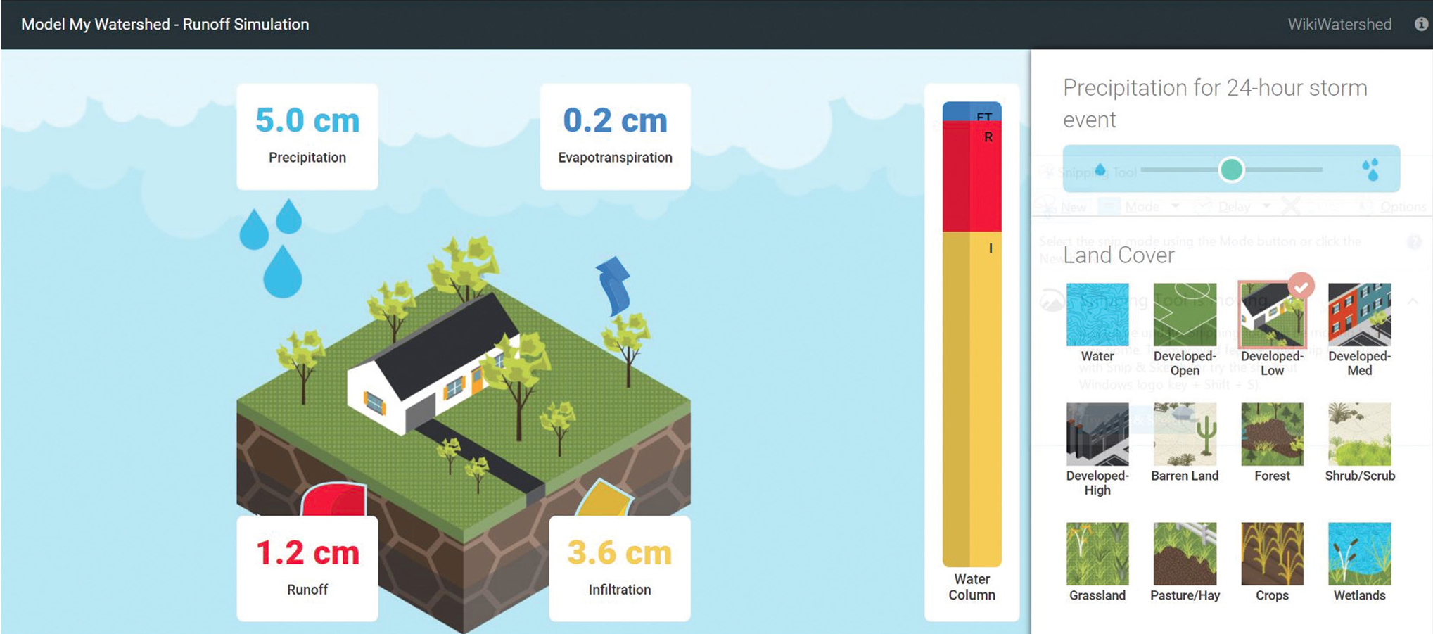 Figure 4 Snapshot of WikiWatershed runoff simulation. This app allows users to see the difference in stormwater runoff based on type of land cover and amount of precipitation.