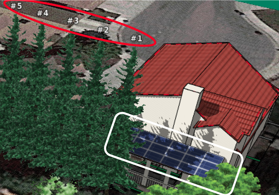 Figure 4 Model of the trees at issue (red oval) and the plaintiff’s solar panels (white rectangle) in Aladdin. 
