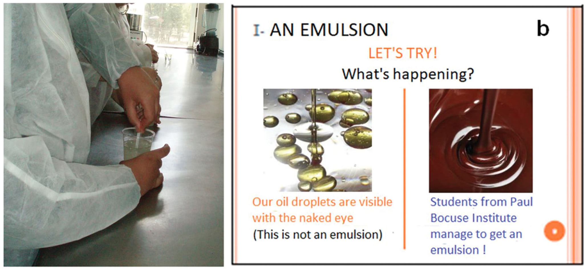 Photograph of a secondary school student trying to form an emulsion with only oil and water (a) and corresponding Power Point slide (b). Slides were translated from French to English.