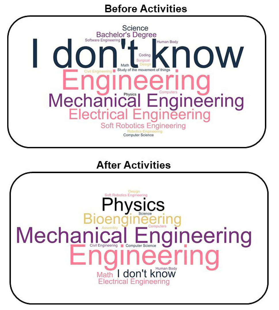  Figure 5  Word clouds representing students’ responses to the question “What major do people who work on soft robotics study?” before and after the curriculum.