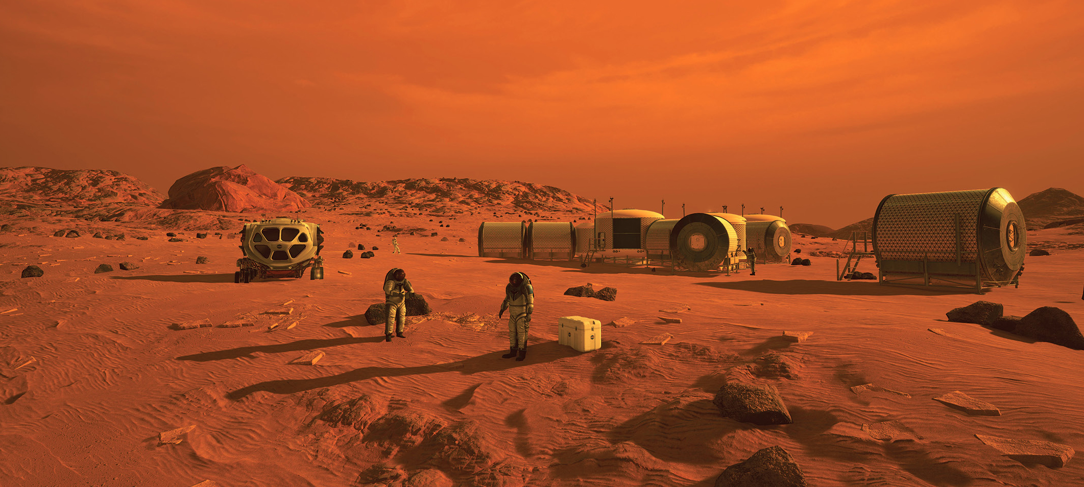 This artist's concept depicts astronauts and human habitats on Mars. NASA's Mars 2020 rover will carry a number of technologies that will expand the knowledge base for future Mars missions.