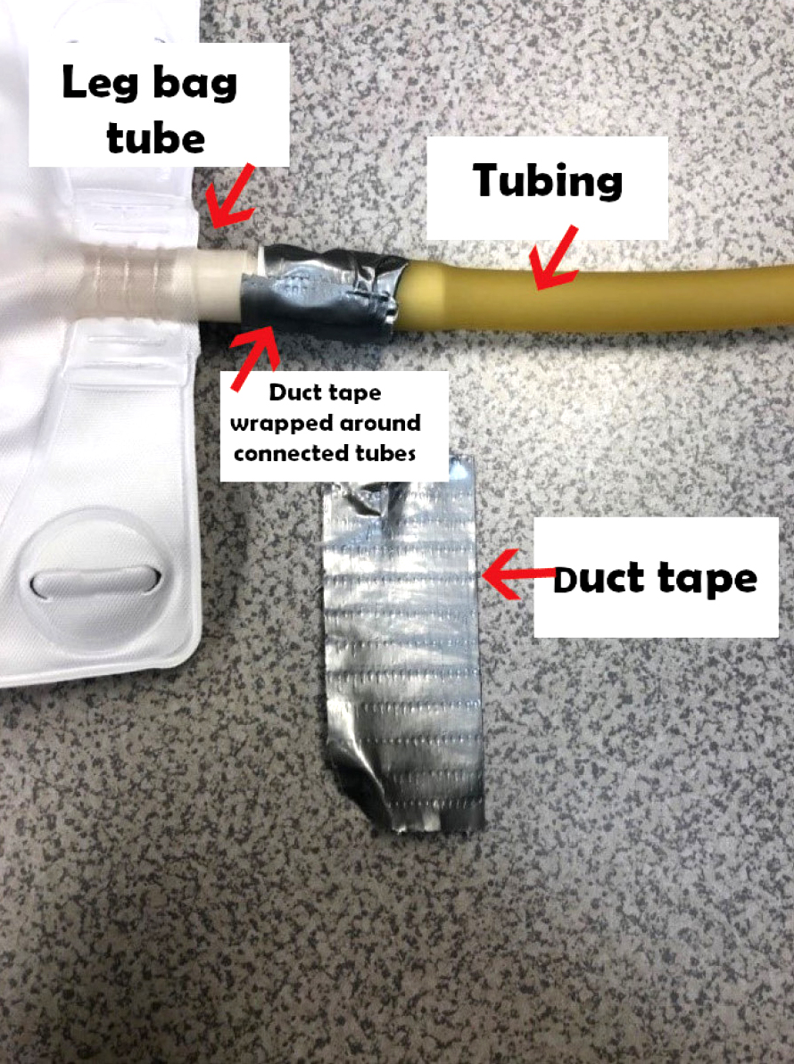 Figure 6 Duct tape wrapped around the tubes connected to the leg bags to avoid spilling the cool water inside them. 