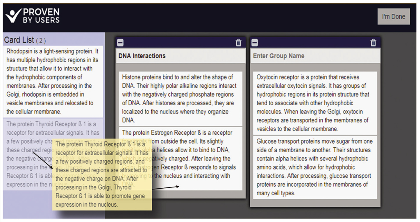 Sorting cards on the Proven By Users card sorting platform.