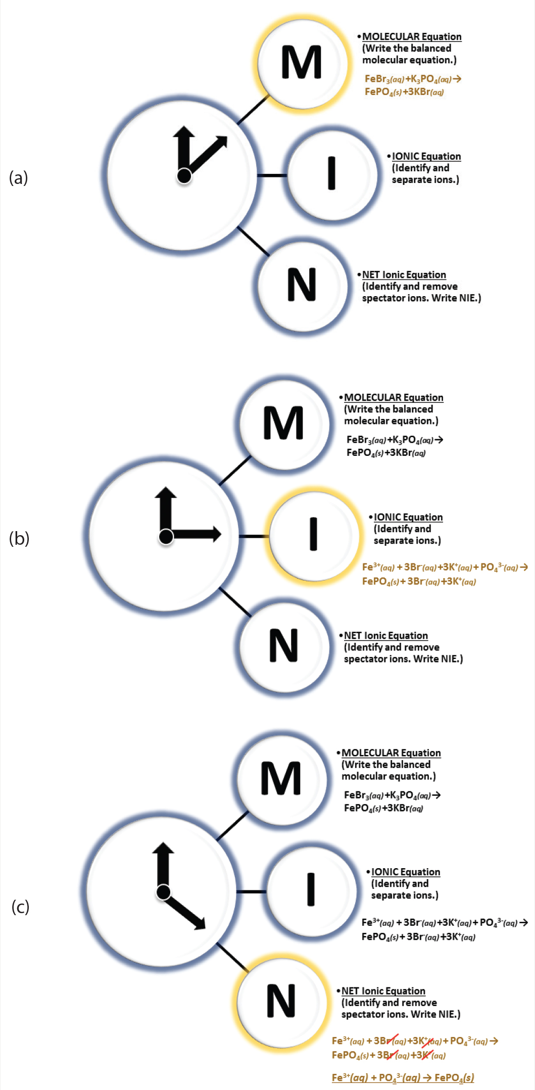 Diagrams of the “Take a MINute” and “Don’t touch the LeGS!” chemical mnemonic devices. (a) Illustrates the use of “M” of the mnemonic device (writing a balance MOLECULAR equation), (b) Shows “I” of the mnemonic device, providing students