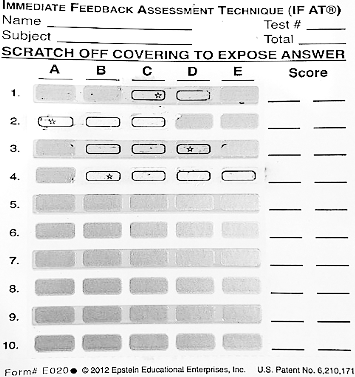 Immediate Feedback Assessment Technique (IF-AT) scratch card. Correct answer is indicated by star. Students work in teams to scratch answer choices until they receive a correct answer. Each question is worth a total of 10 points. For every incorrect scrat