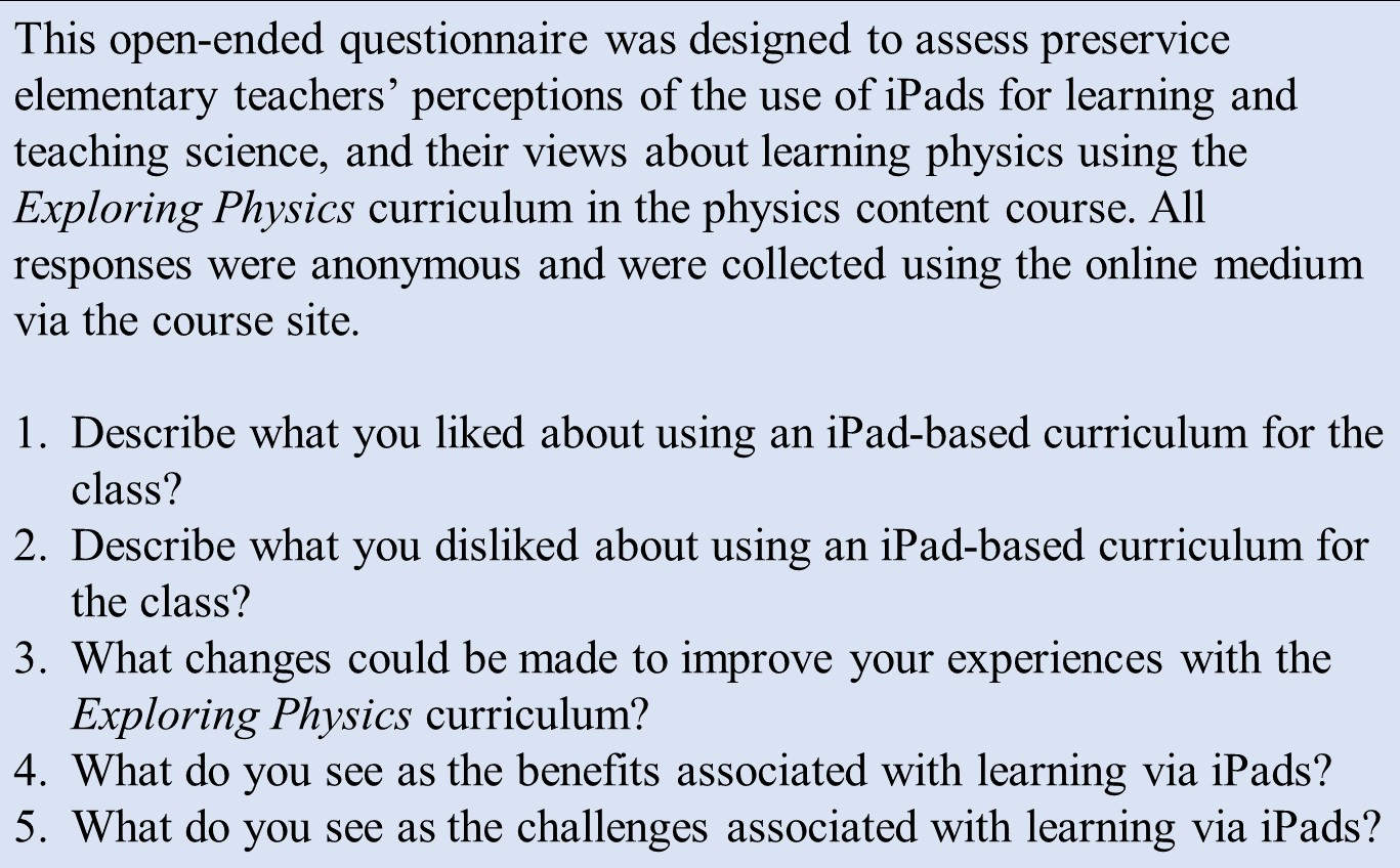 An open-ended questionnaire on the use of iPads in learning/teaching.