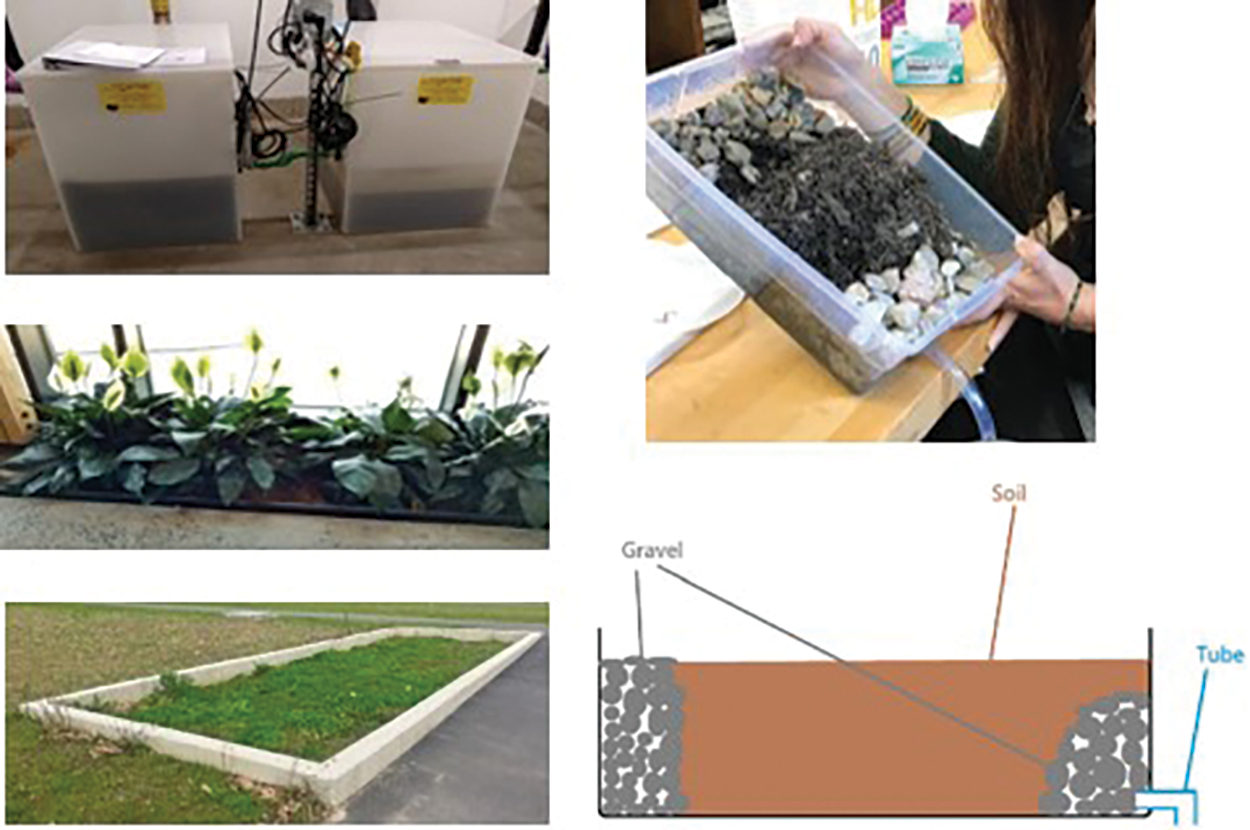 In situ greywater treatment system (left) including indoor vertical flow wetlands and outdoor horizontal flow wetlands and student- constructed mesocosms (right) designed to mimic the functioning of the <i>in situ</i> wetlands.