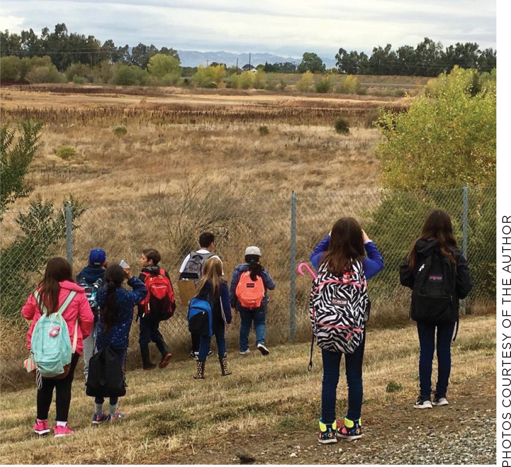 Students scan the area of the pond site for birds.