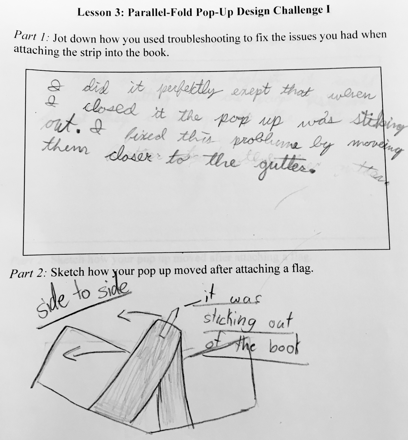 Text from a student’s sketchbook explaining how she troubleshot to fix issues in a design challenge.