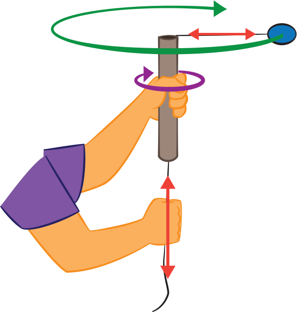 Holding the tube, make the ball spin around. Then pull down on the string.