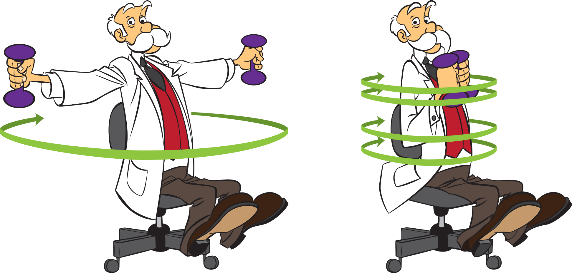 Demonstrate the conservation of angular momentum by holding weights (a) with arms extended, and then (b) pull the weights in to spin faster.