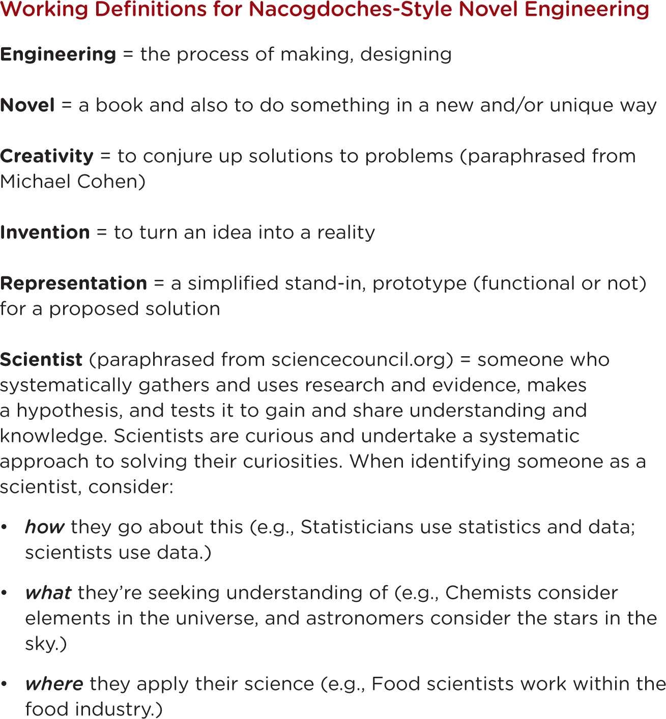 Definitions developed by the authors for the local elementary school’s novel engineering event.