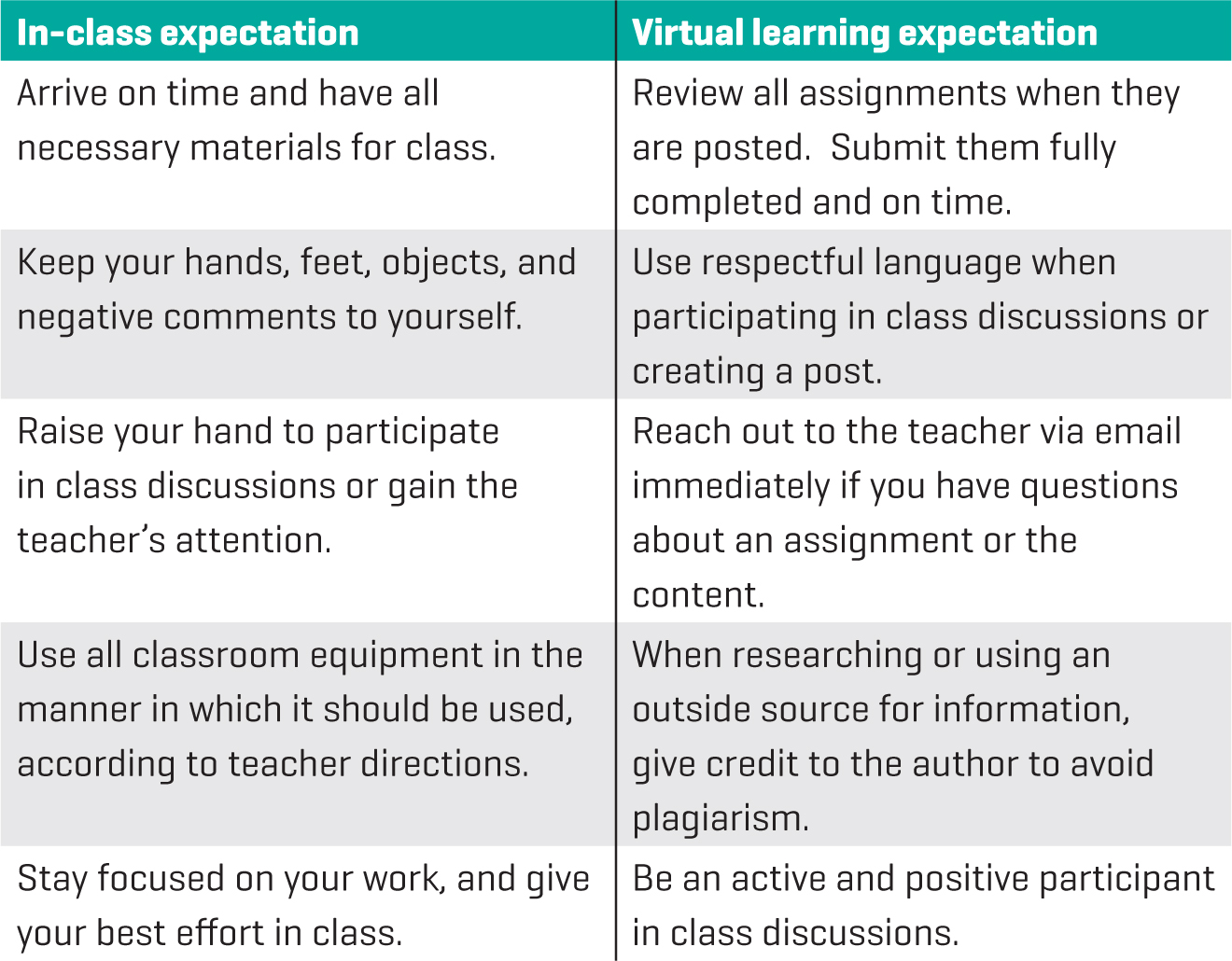 Sample virtual learning expectations (Dunn 2014).