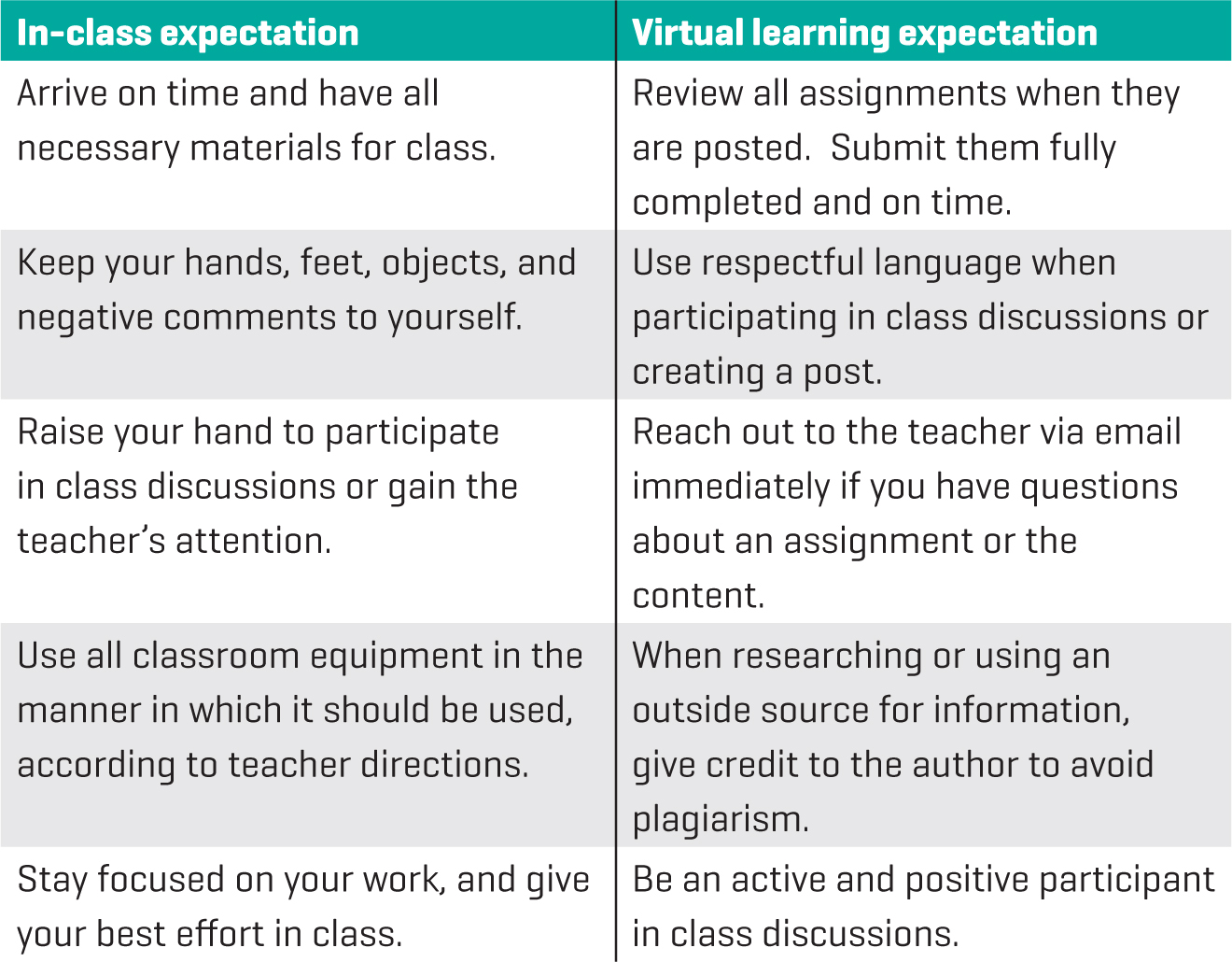 Sample virtual learning expectations (Dunn 2014).