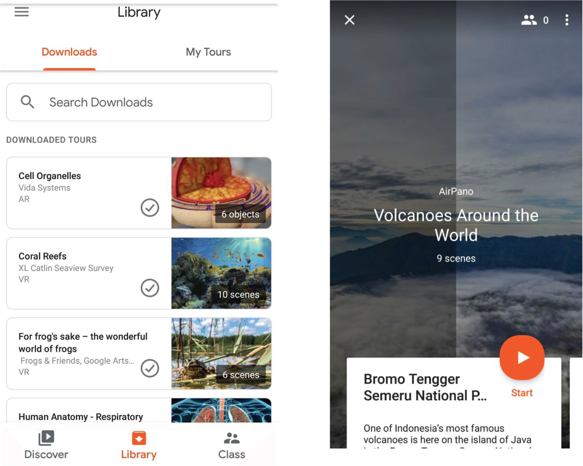 Left: Google Expeditions library. Right: Volcanoes Expeditions student view.